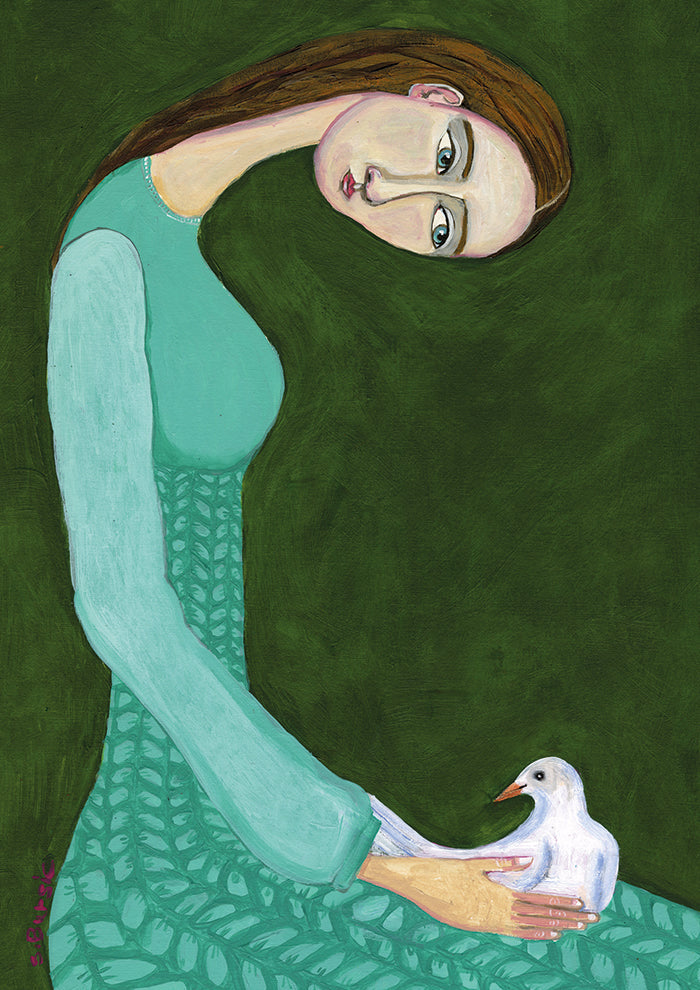 Lady sitting with white dove bird