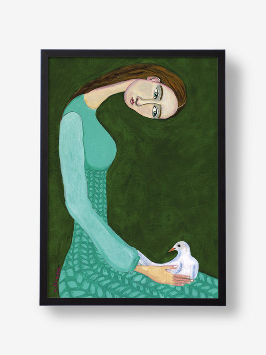 Lady sitting with white dove bird